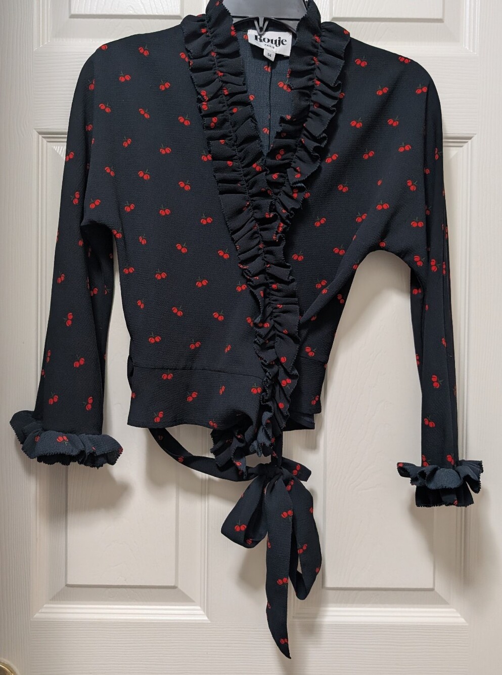 Rouje Paris Frou Frou Blouse Size 34 US 2 Navy Blue With Red Cherry Ruffle Wrap